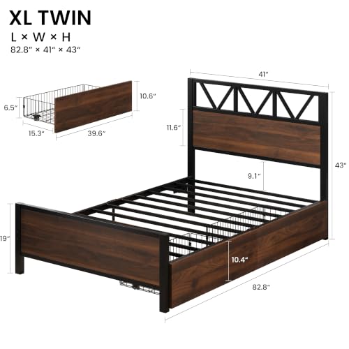 Image of LIKIMIO Twin XL Bed Frames with 2 Storage Drawers, Lights, Charging Station