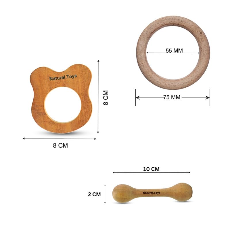 Natural.Toys Neem Wood Teether Combo for Infant (Bear Teether + 75Mm Ring Teethers + 2 Chusni Soother) Baby Teethers Set