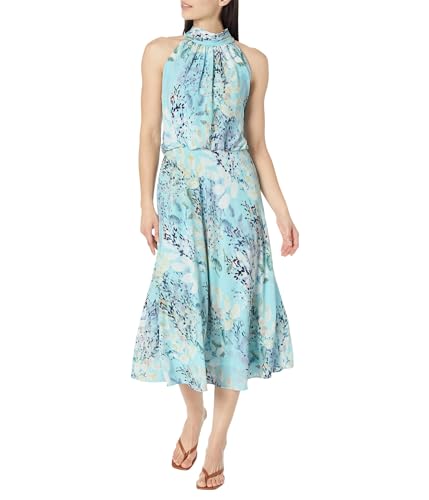 Adrianna Papell Mock Neck Printed Water Color Midi Dress Light Blue Multi 6