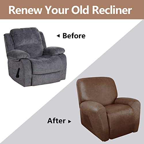 Molasofa Leather-Look Spandex Recliner Chair Covers,4-Piece Recliner Cover With Pocket,Soft Non Slip Recliner Covers For Recliner Chair,Washable Furniture Protector (Brown) #TOP4