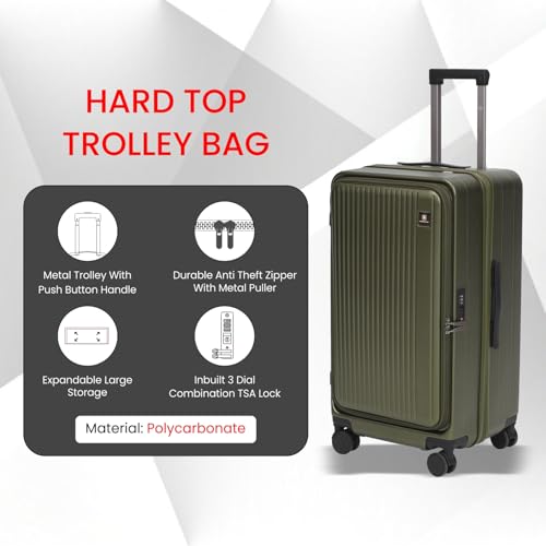 Image of SWISS MILITARY Black Gold Collection Jade Hard Top Trolley Bag, Durable PC Luggage with TSA Lock, 8,Wheel Spinner, Expandable Storage & Anti,Theft Zipper, 56L Travel Suitcase in Olive, 20 Inch