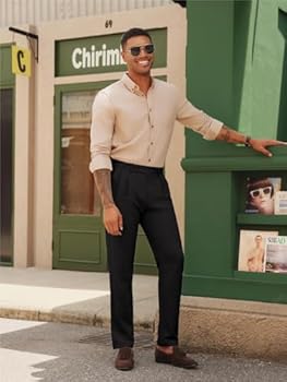 PJ PAUL JONES Herenbroek geplooide taps toelopende broek met verlengde taille Napels Italiaanse stijl jurk broek casual broek, Donkerblauw, L