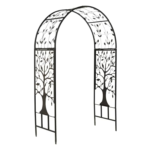 Image of Plow & Hearth Arch Metal Outdoor Garden Arbor | Tree of Life | 83 Inches Tall | Black | Steel Trellis Lattice for Plants & Heavy Vines | Wedding | Outdoor Patio Decor