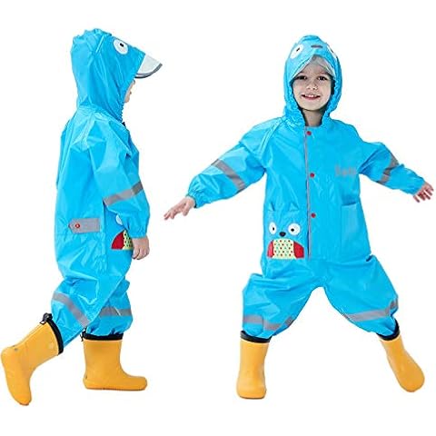 Baogaier Waterproof Puddle Suit Toddler Boys All in One Rainsuits Hooded Lightweight Children Onesie Rainwear Jumpsuit Raincoat with Transparent Brim & Owl Print for Boy 2-4 Years, Blue M Cover