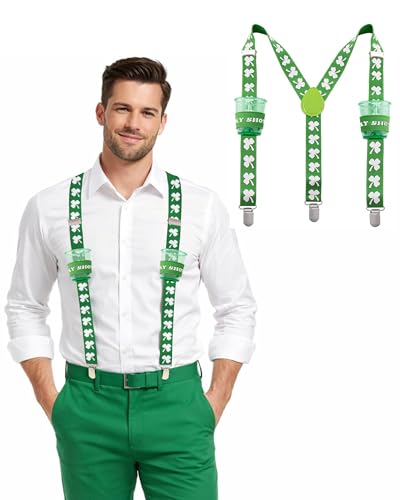 Man of Men St Patricks Day Suspenders for Men – St Patty's Day Accessories – Mens Suspenders Shamrock with Clips Irish Party