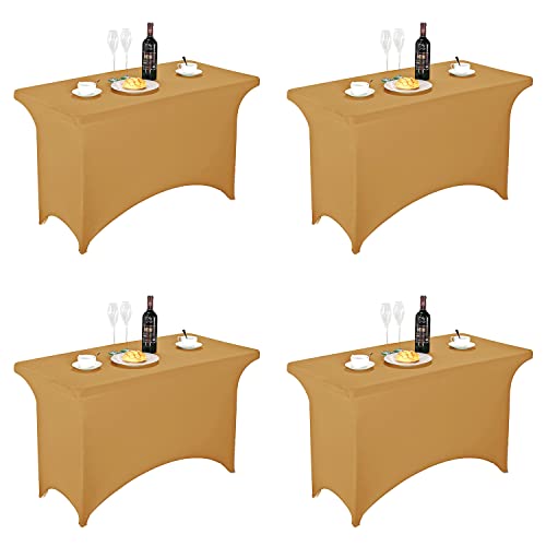 Image of FORLIFE 4Pack Spandex Table Covers,Fitted Tablecloth for Rectangular Tables, Stretch Patio Table Covers, Universal Spandex Table Cover for Wedding, Banquet, Party (4ft, Gold)