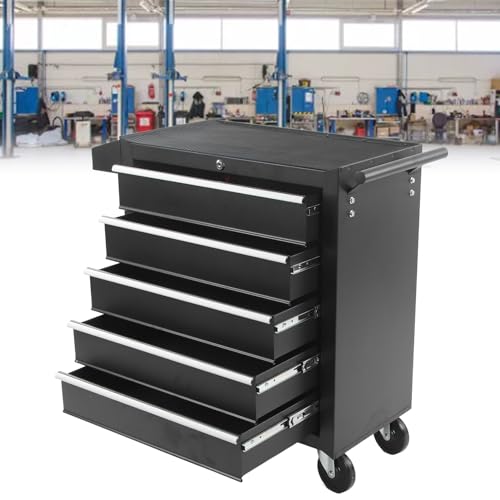 Handschub-Werkzeugwagen mit 5 Schubladen, Internem Verriegelungssystem, Leichtgängigem Schlitten, Kaltgewalztem Stahl, Abnehmbaren Rollen, Werkstattwagen mit 5 Fächern für die – Bild 5