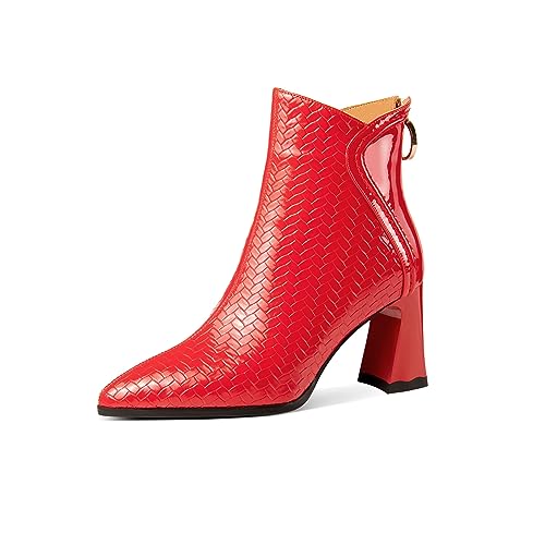 TinaCus Embossed Patent Leather Women's Pointed Toe Handmade Back Zipper High Block Heels Ankle Boots
