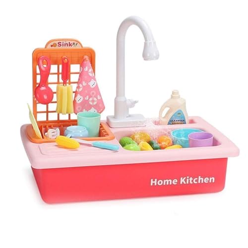 Image of Kitchen Sink Toy Set with Running Water Tap - Pretend Play Dishwasher Kitchen Playset with Utensils, Cups, Vegetables & Cleaning Accessories for Boys and Girls Kids