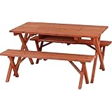 不二貿易 ガーデンテーブルセット BBQテーブル&ベンチセット 幅120×奥行72×高さ65.5cm オレンジ 4人用 コンロスペース付き パラソルホール付き 杉材 81761