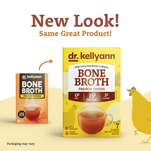 Image of Dr. Kellyann French Onion Bone Broth Packets (7 Servings) - 16g Protein, Grass-Fed Hydrolyzed Collagen, Keto & Paleo-Friendly, 1 Box