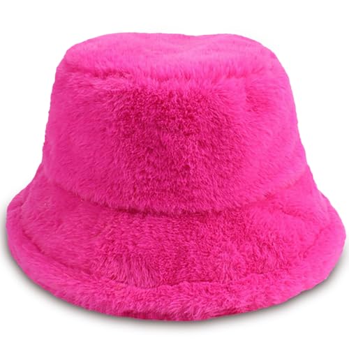 HONGTEYA Winter Bucket Hat Fluffy Faux Fur Fisherman Cap for Women Men Solid Color Style (Faux Fur, Rose)