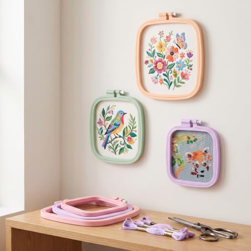 Image of LAMXD 4 Pieces Embroidery Hoop Rectangle Square Embroidery Frame Cross Stitch Hoop Sewing Tool for Art Craft Handy Sewing (Multicolor),with Gold Eye Embroidery Needles