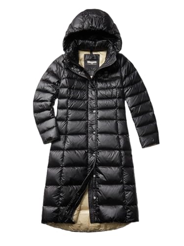 Blauer Chaqueta larga impermeable acolchada de plumas largas para mujer, 999 Black, L