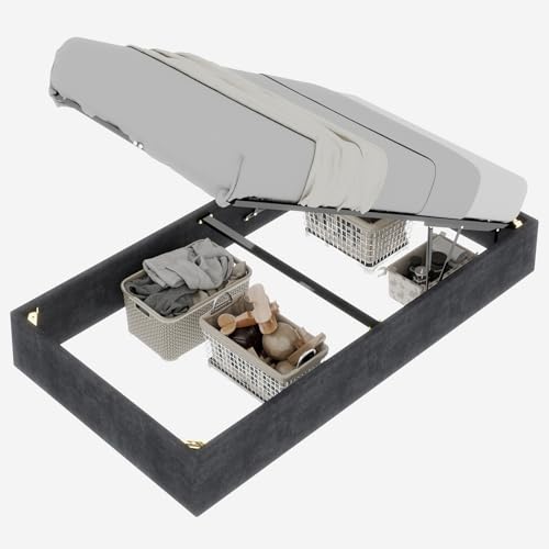 kozamas Polsterbett 140x200 cm Grau mit Stauraum, Modernes Stoffbett aus Samt mit Gasdruckfeder, Bettgestell ohne Kopfteil und Matratze