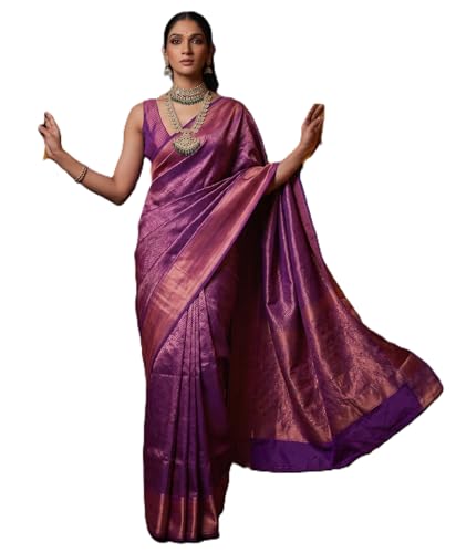 Image of Flosive Elegant Purple Banarasi Saree with Gold Zari Border & Designer Pallu