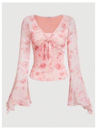 Girl's Floral Sheer Mesh T Shirts Split Bell Sleeve Tie V Neck Fitted Tee Tops3