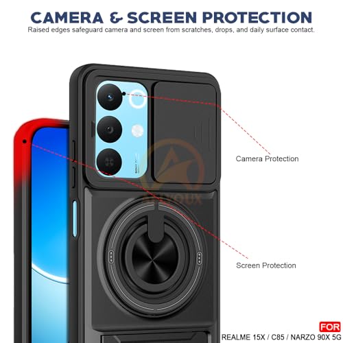Image of Realme 15X / C85 / Narzo 90X 5G Back Cover | Armor Camera Slider 360 Degree Rotating Finger Ring Holder Case with Bracket Stand Back Case Cover (Compatible with MagSafe Accessories) (Black)