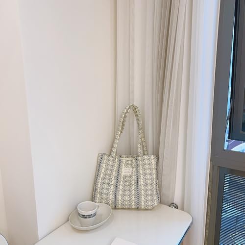 Image of Floral Quilted Cotton Shoulder Bag for Women Daily Use Medium Size Handbag Large Capacity Thickened Design Tote