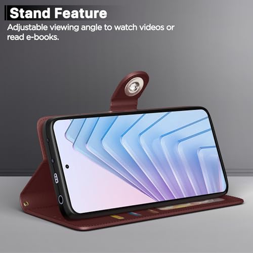 Image of Pikkme Flip Cover Leather Finish | Inside TPU with Card Pockets | Wallet Stand and Shock Proof | Complete Protection Button Flip Case for Redmi Note 14 5G (Brown)