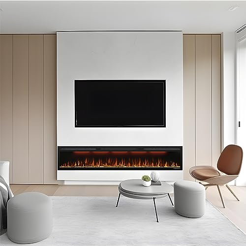 Image of 88-Inch Electric Fireplace, Recessed or Wall-Mounted Linear Heater, Ultra-Slim Frame, 1500W, 3 Flame Colors and 3 Top Lights, Log and Crystal Media, Remote, 1-9H Timer