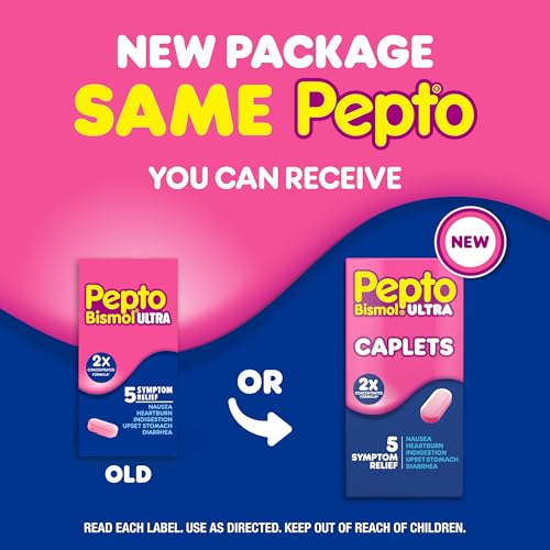 Image of Pepto Bismol ULTRA Caplets, Upset Stomach Relief, Nausea Relief, Heartburn Relief, Indigestion Relief, Anti Diarrhea Medication for Adults - 5 Symptom Relief, 24 ct