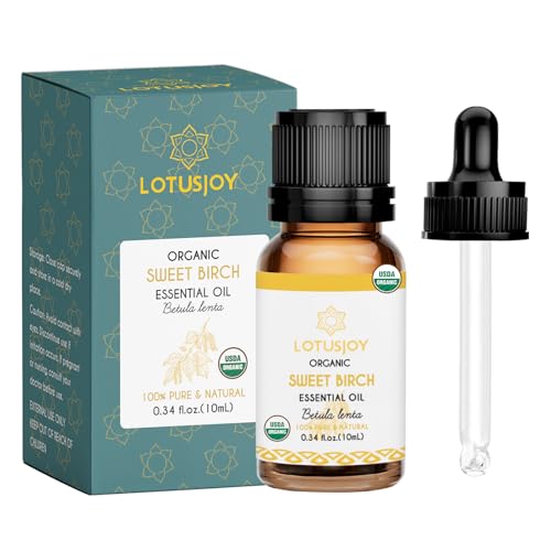 LOTUSJOY Organic Birch Essential Oil 0.34 Fl Oz, 100% Pure Birch Oil for Aromatherapy, Massage, DIY & Skin Care, 10ml Amber Bottle with Dropper