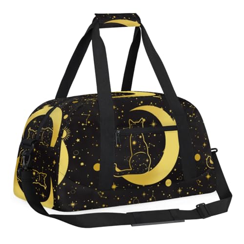 Kids Overnighter Duffel Bags for Boys Girls, Black Cat Moon Carry-On Size Sports Gym Bag for School Practice or Overnight Travel Weekender Sleepover Workout Tote Bag