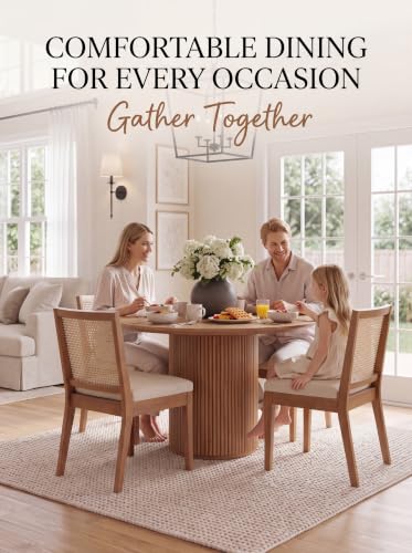 Image of HNY Farmhouse Rattan Dining Chairs Set of 4, Walnut Solid Hardwood Frame, Upholstered Linen Seat, Ergonomic Cane Back Dining Room Chairs for Kitchen, Dining Room, Apartment, Beige