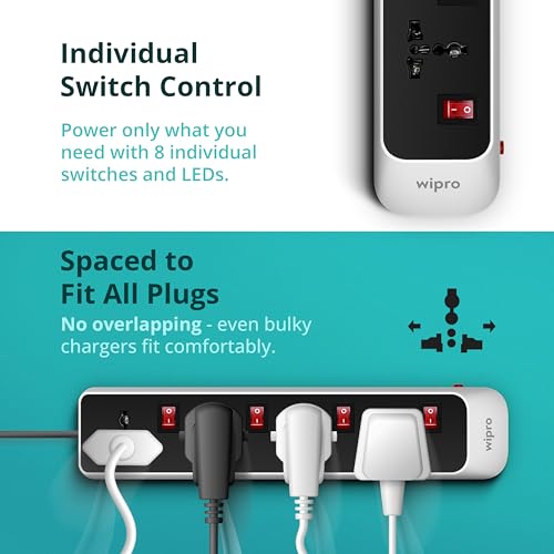 Image of Wipro North West 4+4 Extension Board | 4 Sockets with Individual Switches | Spike Guard with Auto Cutoff | 2 Meter Long Cord | Child Safety Shutters | Fire Resistant Power Strip for Home & Office