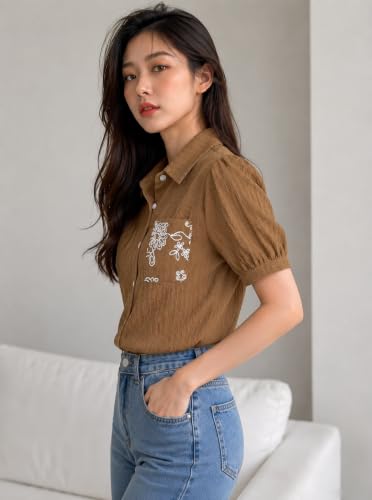 Image of Women's Floral Embroidered Shirt | Elegant Short Sleeve Shirts for Casual & Office Wear | Stylish Summer Button-Down Shirt for Girls & Women
