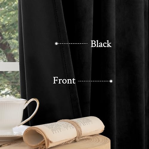 LAMIT Black Velvet Blackout Curtains 90 Inches Long, Luxury Thermal Room Darkening Panels for Bedroom Back Tab and Rod Pocket Soundproof Halloween Drapes for Living Room, 2 Panels, 52 x 90 Inch