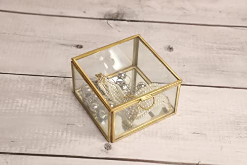 Spaziomaker Collections Square Brass Glass Box with Lid and Mirror Base, Glass Display Box Gold/Jewelry Organizer, Decorative Accent, with Vintage Look (Small, Pack of 1)