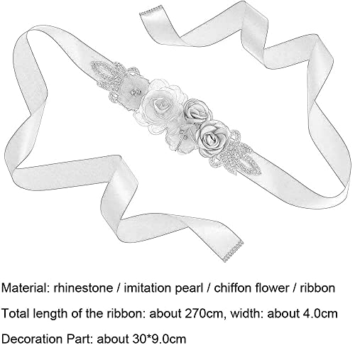 Huralona Sash Belt 106 Inch Satin Ribbon with Handmade Flowers Pearls Rhinestone Elegant for Wedding Bridal Dress Maternity4