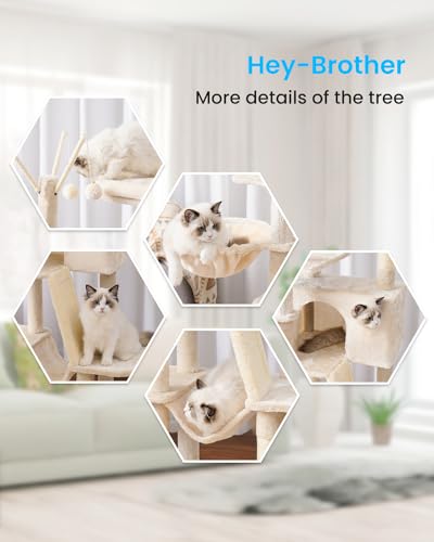 Hey-brother Kratzbaum, 134,6 cm, Katzenturm für Indoor-Katzen, Katzenhaus mit gepolstertem Plattformbett, Spielzeugbälle, großer gemütlicher Höhle, Hängematten und Sisal-Kratzbäume, Beige MPJ019-SM