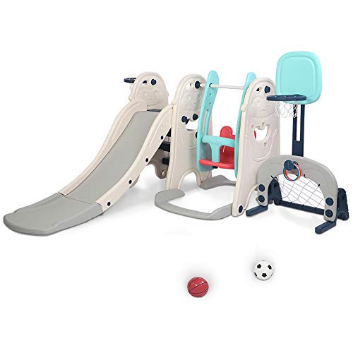 JOYMOR 6 in 1 Kids Combination Slide and Swing Set, Basketball Stand, Soccer