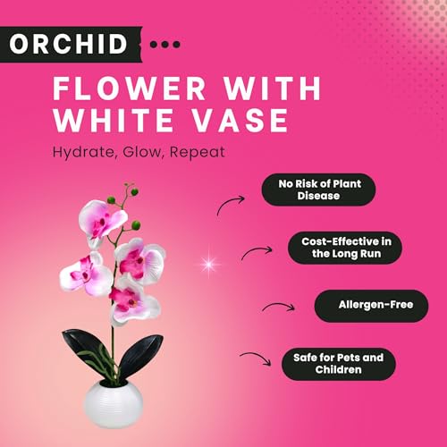 Image of CURATED CART Flower Pot with Artificial Flowers - Orchid Pink & White Flower with White Vase | Ideal for Home Decor | Office Decor | Gifting | Size 36 x 9cm