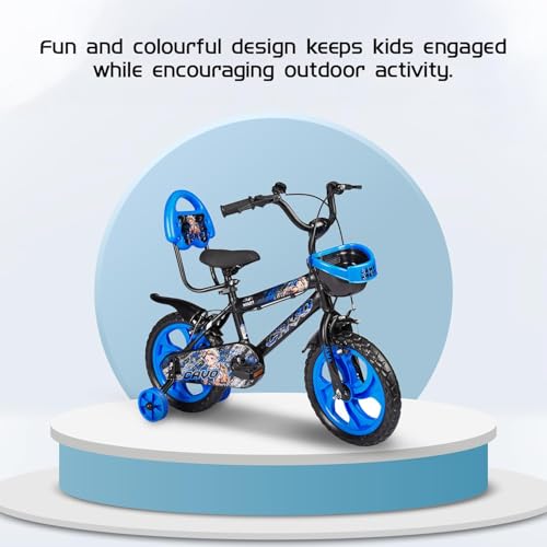 Image of Amazon Brand - Jam & Honey Kids 14T Bicycle | Sturdy Steel Frame | EVA Tyres | Adjustable Seat & Handlebar | Training Wheels | Front Basket | Blue