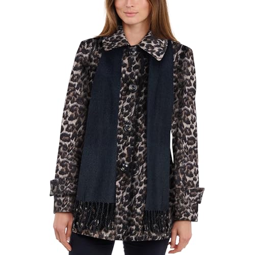 Image of LONDON FOG womens Single-breasted Peacoat With Scarf Pea Coat, Leopard, Large US