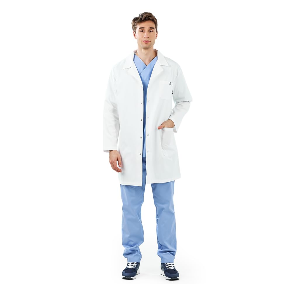 MYLOOKPRO - Bata médica Blanca de Manga Larga Colombia – Bata Profesional Unisex 100% algodón – Botones a presión – 3 Bolsillos – Ropa de Laboratorio, enfermería, odontología y Veterinaria