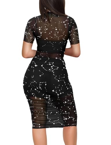 Image of Lrady Women's Mesh Dress Glitter Star Short Sleeve Bodycon 3 Piece Outfits with Cami Shorts, Black Silver, X-Large