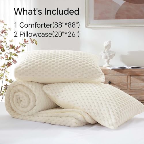 BEDELITE Fluffy Queen Comforter Set - Beige Fleece Soft Comforter for Queen Size Bed, Luxury Warm Bedding Set for Winter, Fuzzy Bed Set 3 Pieces (1 Comforter, 2 Pillowcases)