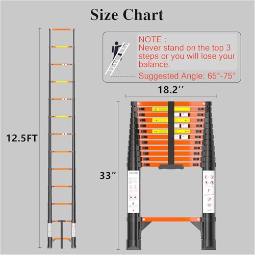 Image of Telescoping Ladder, 12.5 FT Aluminum Extension Ladder 330 Lbs, Black Orange | Telescopic & Retractable, Collapsible Extendable Ladder for House, Roof, RV & Travel Trailer