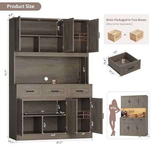 Image of HOSTACK Kitchen Pantry Storage Cabinet, Kitchen Hutch Cabinet, Ash Gray | 47 inchW Food Pantry Cabinet with Smart LED / Charging Station / Countertop / 3 Large Drawers, 72 inchH Storage Hutch for Dining Room