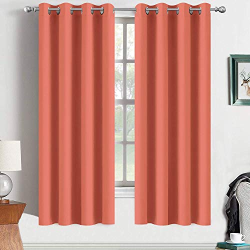 Yakamok Coral Orange Room Darkening Blackout Curtains Thermal Insulated Drapes Solid Grommet Top Window Curtain Panels for Girls' Bedroom, 2 Tie Backs Included(52x63 Inch, Coral Orange, One Pair)