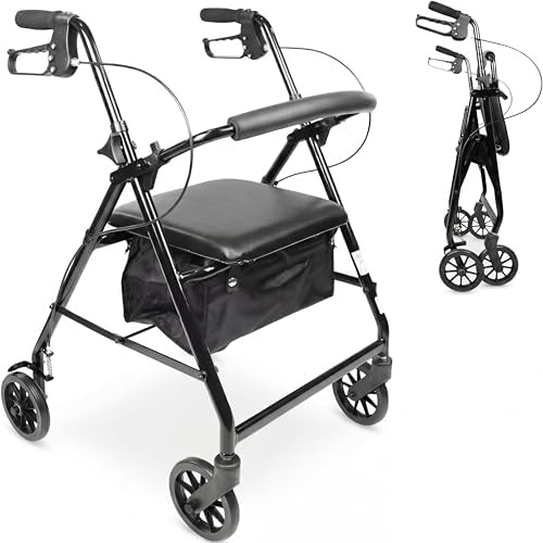 Andador para Ancianos Plegable con Asiento Acolchado, 4 Ruedas, Cesta y Frenos de Maneta, Aluminio