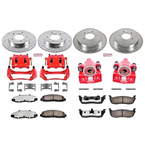 Image of PowerStop Front and Rear Brake & Caliper Kit for Ford F-150 1999-00 - Drilled & Slotted Disc Rotors + Z36 Brake Pads + Red-Powder Coated Calipers, KC1867-36