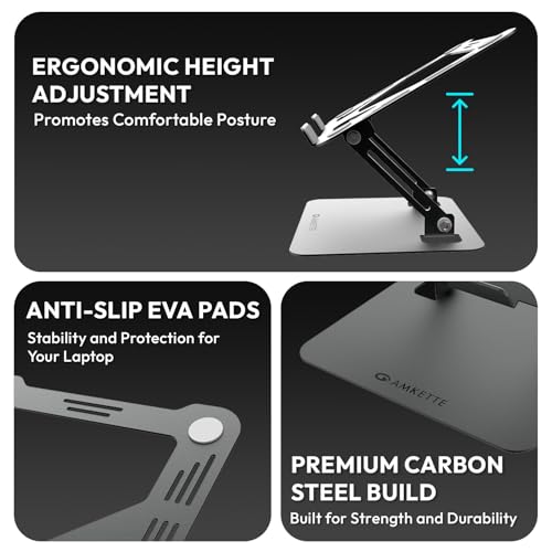 Image of Amkette Ergo Hi-Rise Laptop Stand, Laptop Stand Metal with Ergonomic Design, Heavy Duty Carbon Steel Build, Supports Up to 8kg Laptop, EVA Protection Pads, Supports Laptops up to 15.6 Inch, Grey