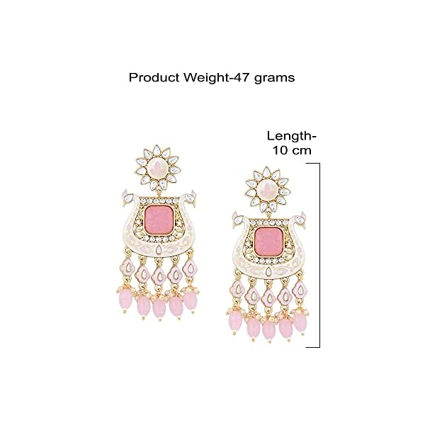 Zaveri Pearls Pink White Meenakari Peacock Inspired Kundan Dangle & Drop Earrings For Women-ZPFK15646 - Image 7