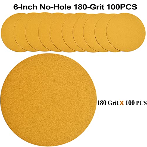 Image of 6-Inch No-Hole Hook and Loop Sanding Discs 180-Grit, Random Orbital Sandpaper for Automotive and Woodworking, 100-Pack